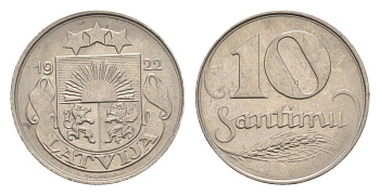 Латвия 10 сантимов 1922 год-тип KM 4 никель 4658-1219