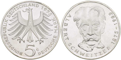 ФРГ 5 марок 1975 G, 100 лет со дня рождения Альберта Швейцара KM 143, J.418 серебро 180-1025