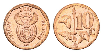 ЮАР 10 центов 2015 герб, цветок алоэ сталь плакированная бронзой UNC 4687-526