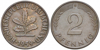 ФРГ 2 ПФЕННИГА 1959 G KM 106, J. 381 бронза 3955-626