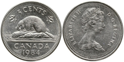 Канада 5 центов 1984 Елизавета II (1952-2022), бобер KM 60.2а медно-никель 4543-655