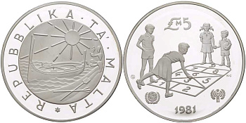 Мальта 5 фунтов 1981 Международный год защиты детей, дети играют в классики KM 53 серебро PROOF 00-00