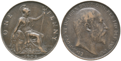 Великобритания 1 пенни 1906 Эдуард VII (1901-1910) KM 794.2, Spink 3990 бронза 32-442