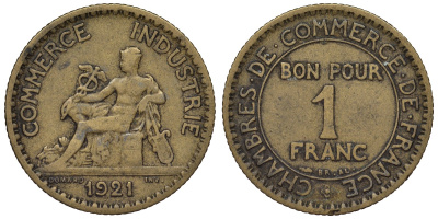 Франция 1 франк 1921 тип Chambres de Commerce KM 876, Le Franc 218.3 алюминиевая бронза 4128-254