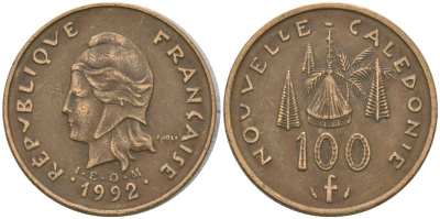 Французская Новая Каледония 100 франков 1992 хижина среди сосен и пальм, (IEOM) KM 15, Schoen 16, Lec 130-172 никель латунь 4140-625