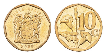 ЮАР 10 центов 2000 герб, цветок алоэ KM 161 сталь плакированная бронзой UNC 4694-761