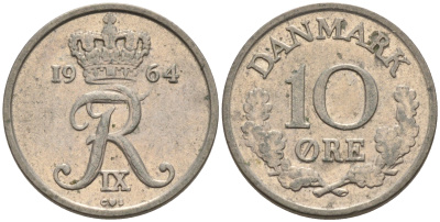 Дания 10 эре 1964 C; S, Фредерик IX (1947-1972) KM 849.1 медно-никель 4564-1222