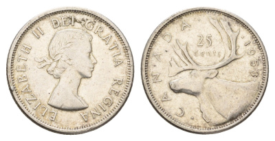 Канада 25 центов 1958 Елизавета II (1952-2022), олень KM 52 серебро 181-345