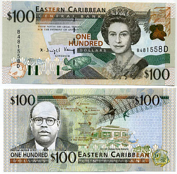 Восточно-Карибские штаты 100 долларов 2000 сэр Артур Левис, Елизавета II (1952-), буква D (Доминикана) Pick 41d бумага UNC (пресс) 000-00-00