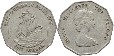 Восточно-Карибские штаты 1 доллар 1989 Елизавета II (1952-2022), парусник, первый год KM 20 медно-никель 4175-142