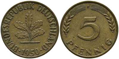ФРГ 5 ПФЕННИГОВ 1950 F KM 107, J. 382 сталь плакированная латунью 33-212