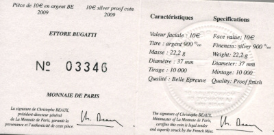 Франция 10 евро 2009 100 лет компании Бугатти, Этторе Бугатти, в оригинальной коробке, сертификат KM 1606 серебро PROOF 3-6-1-31