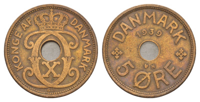 Дания 5 эре 1939 N, Кристиан X (1912-1947) KM 828 бронза 4638-627