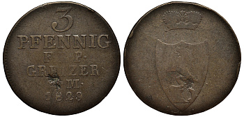 РЕУС-ОБЕРГРАЙЦ 3 ПФЕННИГА 1829 ГЕНРИХ XIX (1817-1836) KM 103, AKS 10, Jaeger 34, Schmidt/Knab 319 медь 4514-512