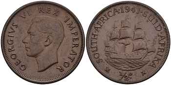 ЮАР 1/2 пенни 1941 Георг VI (1937-1952) KM 24 бронза 4593-1011