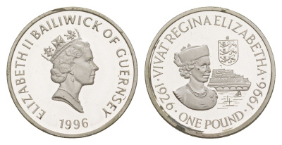 Гернси 1 фунт 1996 70 лет со дня рождения Королевы Елизаветы II KM 78 серебро PROOF 1521-1023