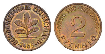 ФРГ 2 пфеннига 1965 J KM 106, J. 381 бронза 4682-1119