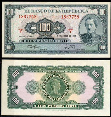 Колумбия 100 песо 1958 генерал Франсиско де Паула Сантандер Pick 403 a  бумага  UNC (пресс) 00-00