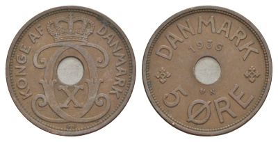 Дания 5 эре 1936 N, Кристиан X (1912-1947) KM 828 бронза 4638-624