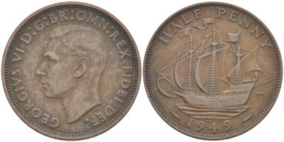 Великобритания 1/2 пенни 1949 Георг VI (1936-1952) KM 868, Spink 4118 бронза 4681-842