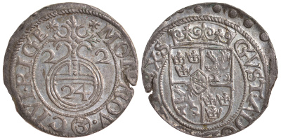 Ливония, Рига, Шведская оккупация 1621-1721 1/24 талера 1622 Густав II Адольф, штемпель KM 10 серебро  UNC  633-132