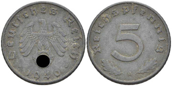 ГЕРМАНИЯ 5 РЕЙХСПФЕННИГОВ 1940 A KM 100, J. 370 цинк 105-236