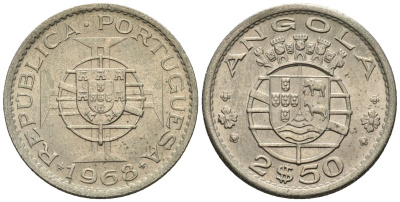 Ангола 2,5 эскудо 1968 KM 77 медно-никель 4147-553