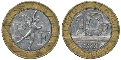 Франция 10 франков 1989 тип гений Бастилии KM 964.1, Le Franc 375.3 биметалл  4128-515