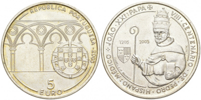 ПОРТУГАЛИЯ 5 ЕВРО 2005 800 ЛЕТ СО ДНЯ РОЖДЕНИЯ ПАПЫ ИОАННА XXI KM 762 серебро UNC 1521-1122