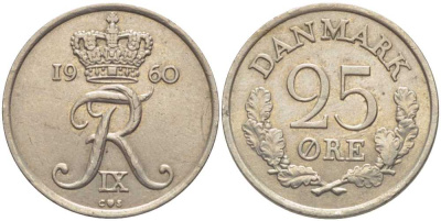 ДАНИЯ 25 ЭРЕ 1960 С;S, ФРЕДЕРИК IX (1947-1972) KM 850 медно-никель 202-724