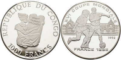 Конго 1000 франков 1996 XVI чемпионат мира по футболу 1998 года во Франции, два игрока KM 26 серебро PROOF 00-00