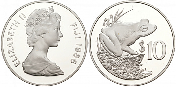 Фиджи 10 долларов 1986 серия 25 лет защиты окружающей среды, фиджийская земляная лягушка KM 55 серебро PROOF 00-00
