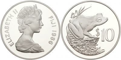 Фиджи 10 долларов 1986 серия 25 лет защиты окружающей среды, фиджийская земляная лягушка KM 55 серебро PROOF 00-00