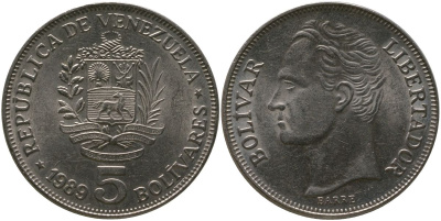 Венесуэла 5 боливаров 1989 KM 53a.1 сталь плакированная никелем 4565-236