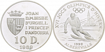 Андорра 10 динеров 1989 XVI зимние Олимпийские игры 1992 В Альбервиле, слалом KM 55 серебро PROOF 00-00