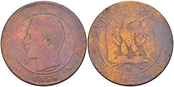 Франция 10 сантимов 1856 W, Наполеон III (1852-1870) KM 771.7, Le Franc 133.38 бронза 4183-1214