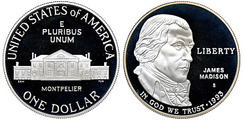 США 1 доллар 1993 S, Джеймс Мэдисон, Билль о правах, в оригинальной коробке KM 241 серебро PROOF 00-000-00