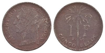 Бельгийское Конго 1 франк 1926 Надпись на французском - 'ALBERT ROI DES BELGES' KM 20 медно-никель 4650-433