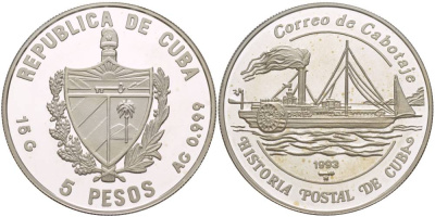 Куба 5 песо 1993 история почтовых пароходов Кубы, толстые буквы и венок, "9" в дате с загнутым хвостиком KM 524.3 серебро  PROOF  1087-5-14