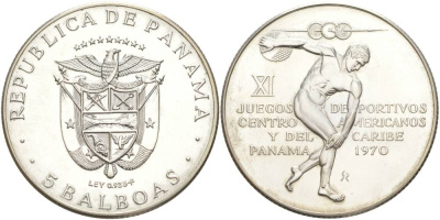 Панама 5 бальбоа 1970 XI Центрально-Американские и Карибские игры, дискобол KM 28 серебро UNC 1091-4-44