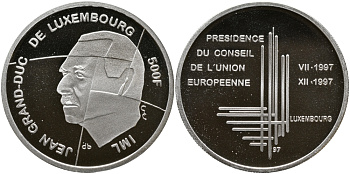 Люксембург 500 франков 1997 ПРЕДСЕДАТЕЛЬСТВО В СОВЕТЕ ЕВРОПЫ KM 72 серебро PROOF 05-095-42