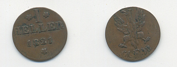 Франкфурт 1 геллер 1821 GB AKS 30, Jaeger 10, KM 301 медь 46-366