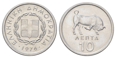 Греция 10 лепт 1976 бык KM 113 алюминий UNC 4682-1023