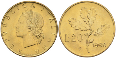 Италия 20 лир 1996 R, дубовый лист KM 97.2 алюминиевая бронза  UNC  4594-1041