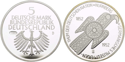 ФРГ медаль 2006 копия, 5 марок 1952, 100 лет Германскому национальному музею в Нюрнберге  серебро  PROOF  1098-4-22