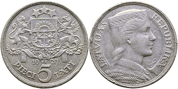 Латвия 5 латов 1929 девушка KM 9 серебро 1066-6-12