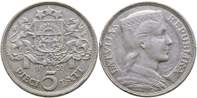 Латвия 5 латов 1929 девушка KM 9 серебро 1066-6-12