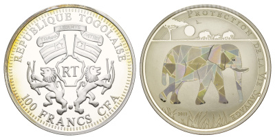 Того 100 франков 2011 Защита дикой природы - Слон KM 117 медно-никель плакированный серебром PROOF 443-1145