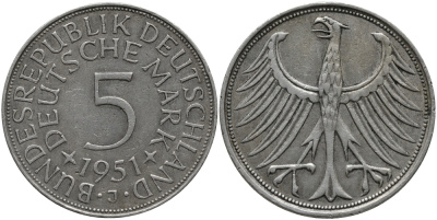 ФРГ 5 марок 1951 J (Гамбург), J. 387, KM 112.1 серебро 1526-112