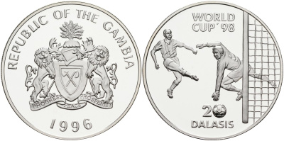Гамбия 20 даласи 1996 чемпионат мира по футболу во Франции 1998 год, тираж 10000 экз. KM 51 серебро PROOF 1098-1-52